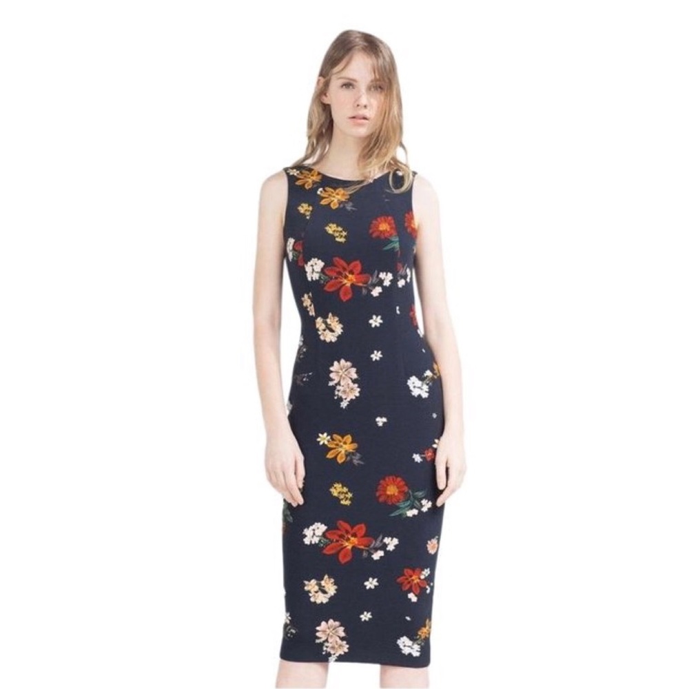 New Zara Navy Floral Pencil Casual Dress